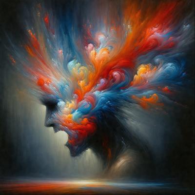 The primary subject of the image is a close-up of a person's head, with a focus on the eyes and mouth. The setting is a painting, and the visual style is a mix of digital art and illustration. The colors and mood of the painting are vibrant and energetic, with a strong emphasis on the reds, oranges, and yellows.